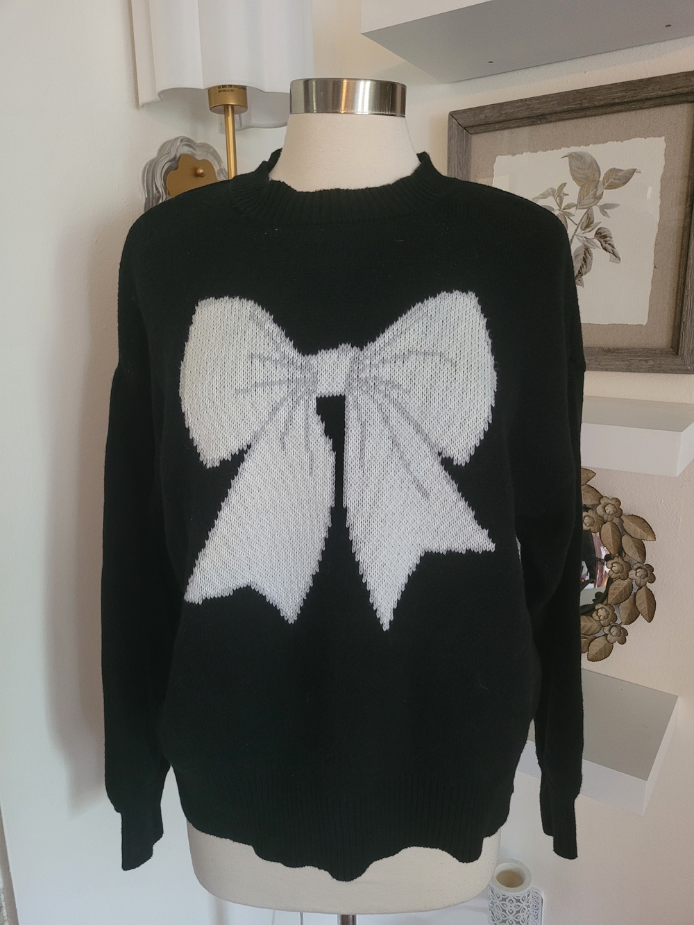 Eloquii Black Crewneck Sweater with White Bow Motif